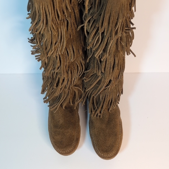 Minnetonka Suede Brown Leather 5 Layer Fringe Boots Size 9 - Picture 8 of 14